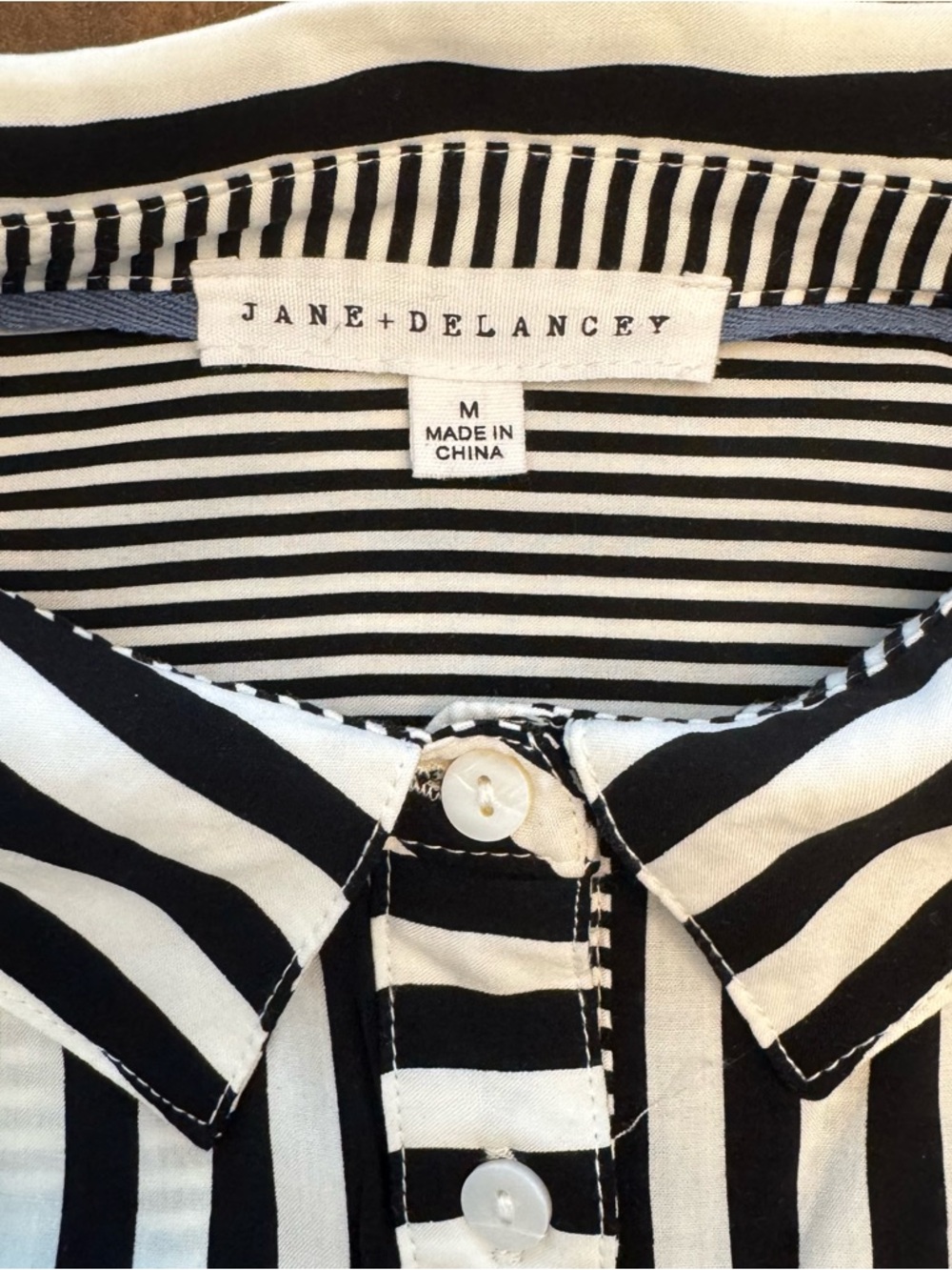 Jane and Delancey Black and White Vertical Stripe Button-Down Top - Picture 2 of 9